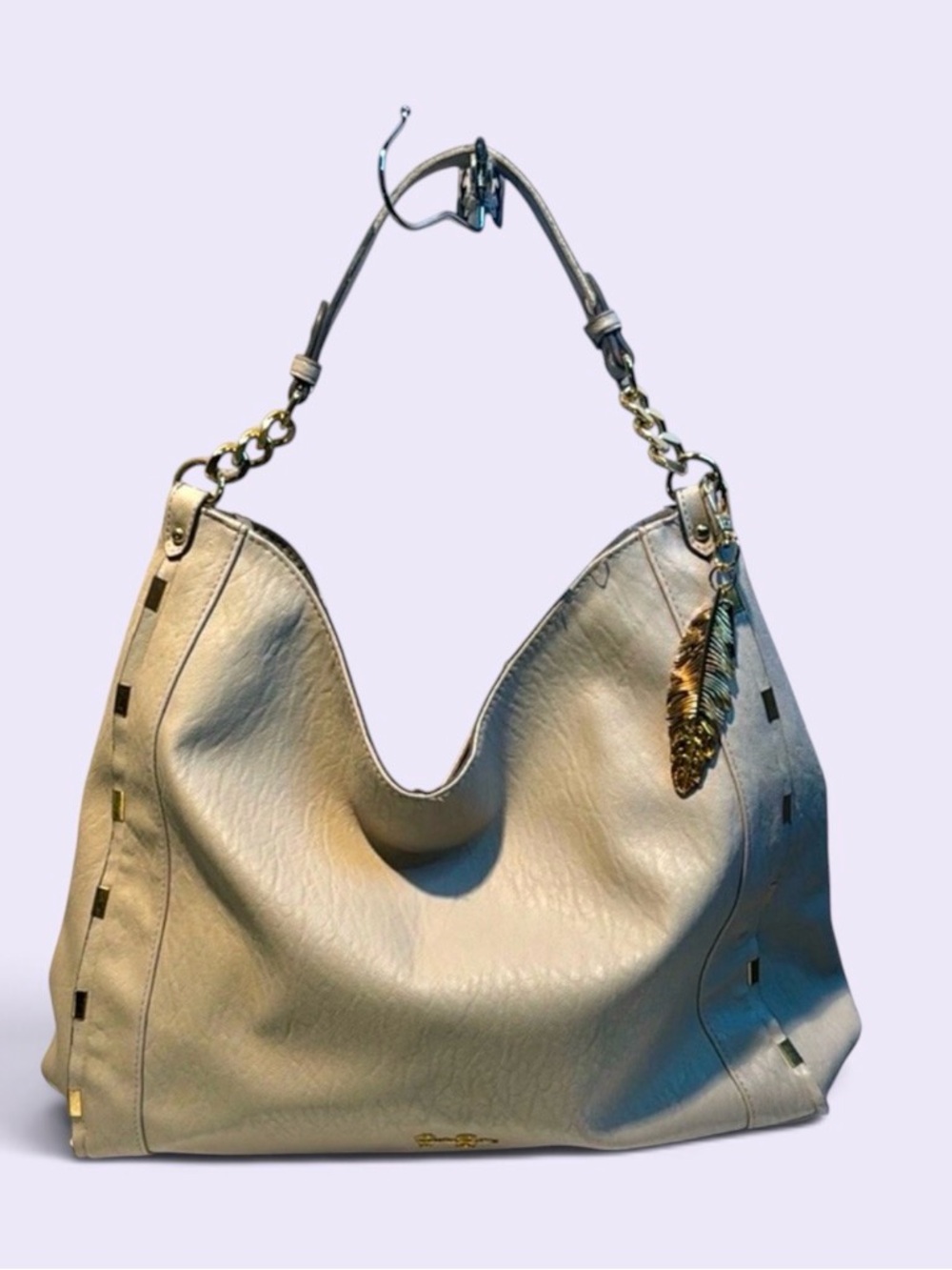 Jessica Simpson Cream Hobo Shoulder Bag with Gold Feather Charm